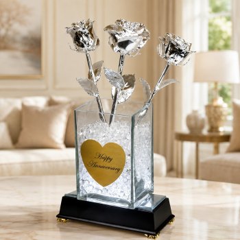 3 Illuminated 11" Platinum Roses in 6" Personalized Vase
